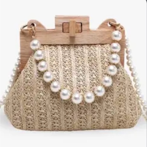 "Tammy" Tan Woven Wood Accents Bag with Pearl 2 Straps - Picture 6 of 7